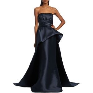 Amsale Navy Mikado Peplum Train Gown $1295 Size 12